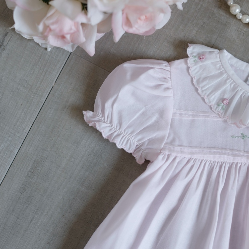 Pink Heirloom Dress Hand Embroidery Feltman Brother/Friedknit Scalloped Rose NWT - Picture 3 of 9